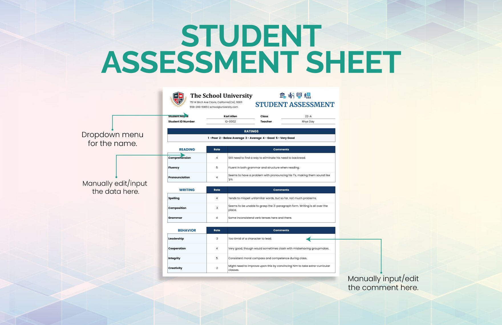 Student Assessment Sheet Template