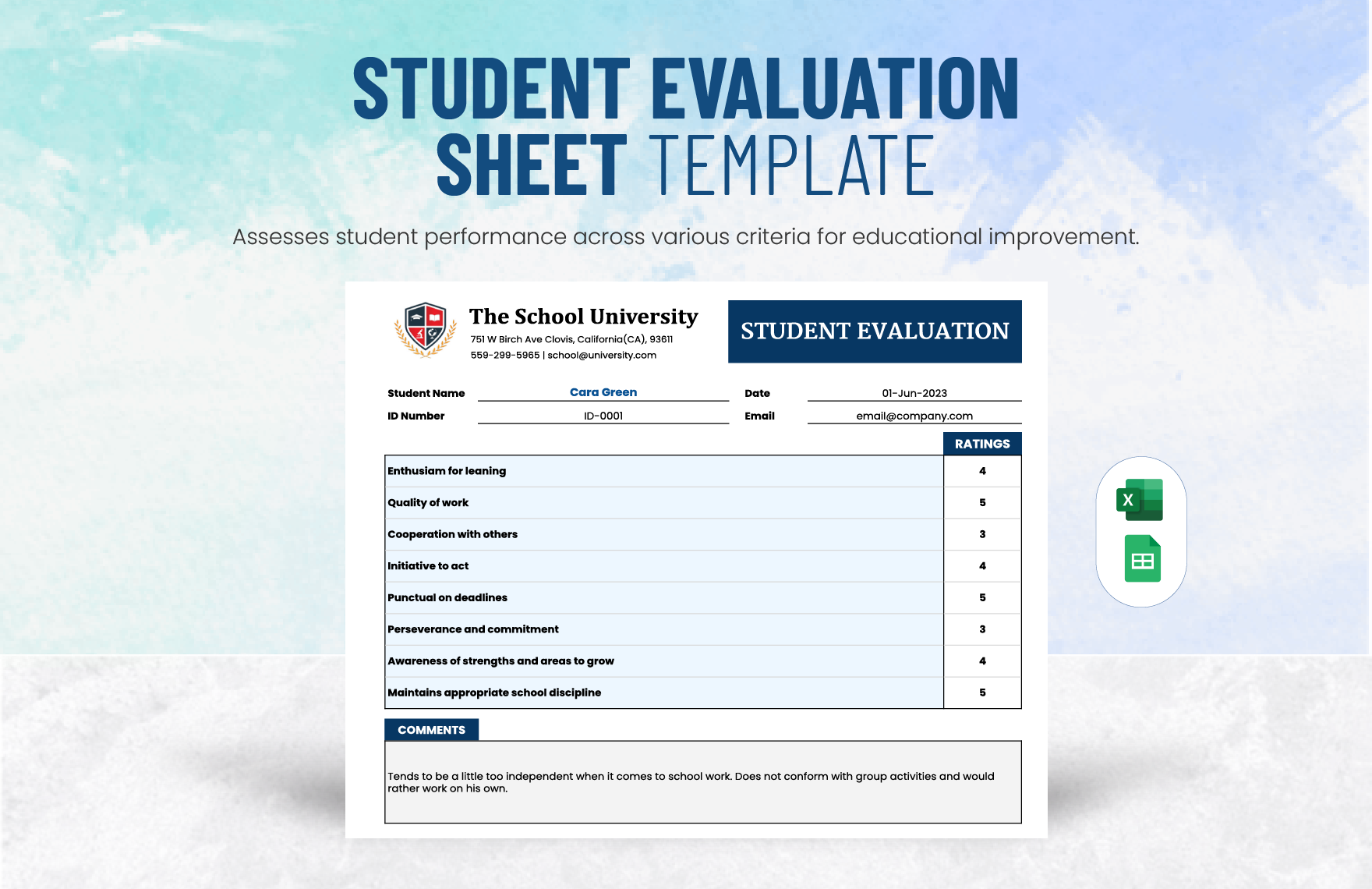 Student Evaluation Sheet Template in Excel, Google Sheets