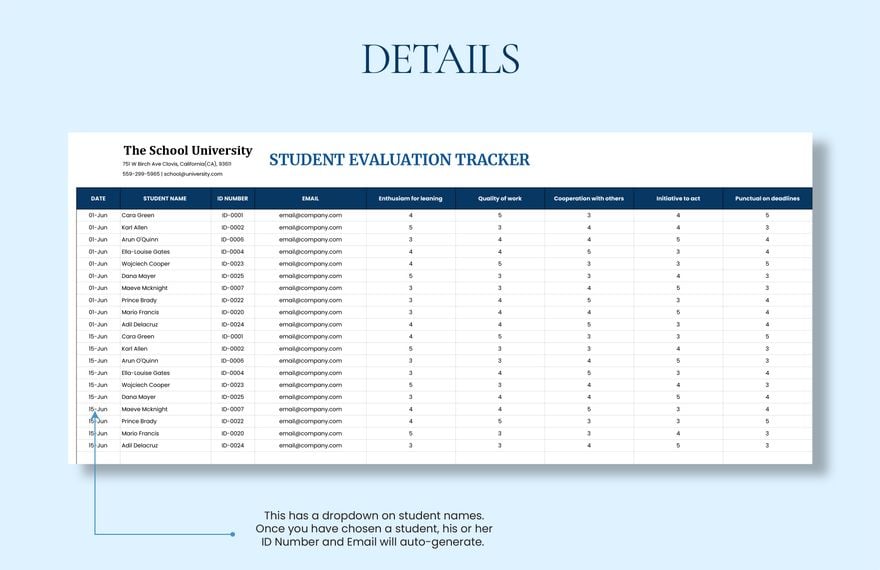 Student Evaluation Sheet Template