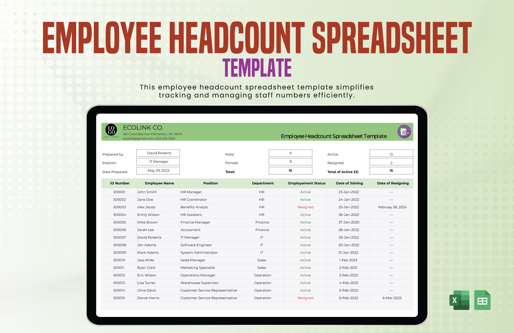 Free Employee Headcount Spreadsheet Template in Excel, Google Sheets