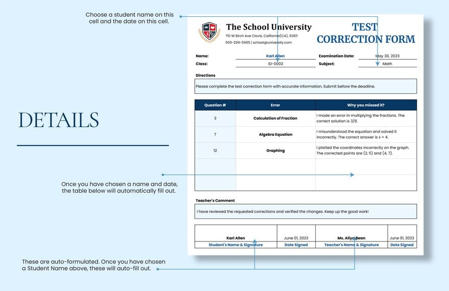 Test Correction Form Template in MS Excel, Google Sheets Download