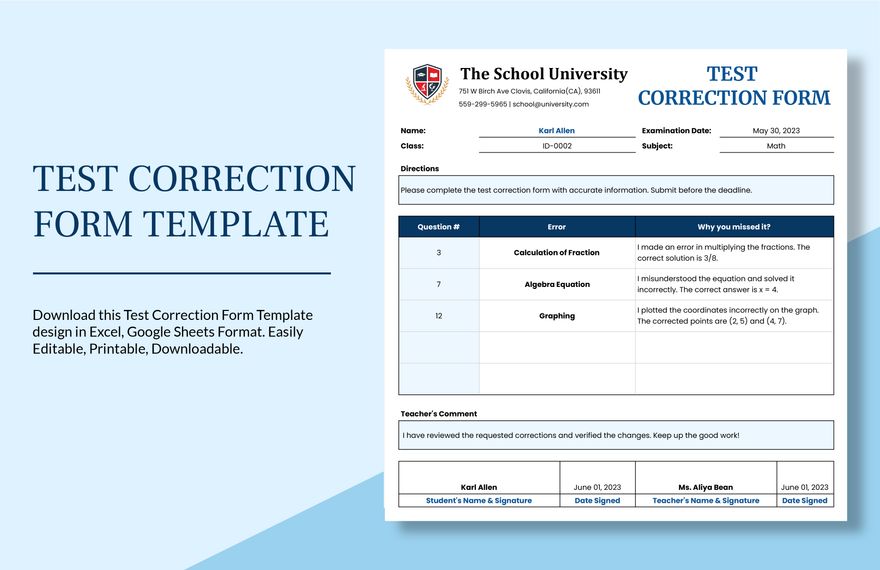 Test Correction Form Template