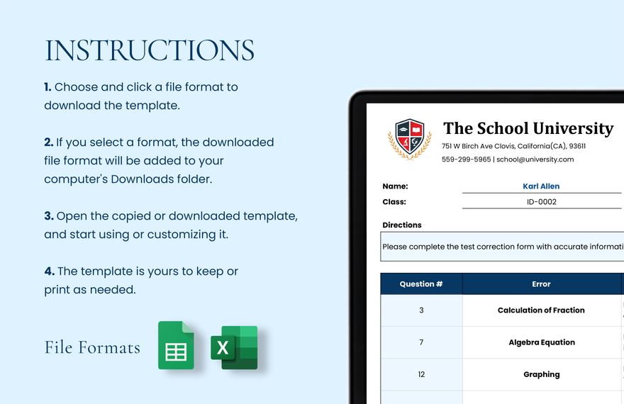 Test Correction Form Template in MS Excel, Google Sheets Download