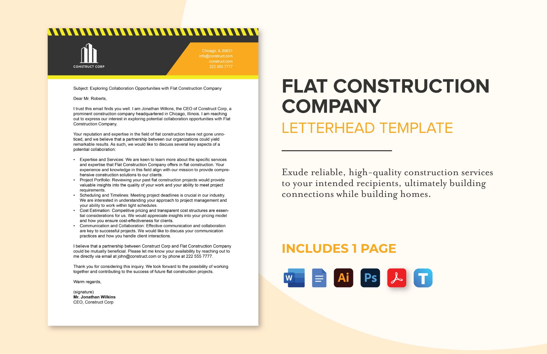 Flat Construction Company Letterhead Template