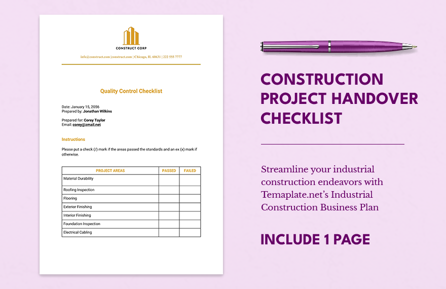Construction Quality Control Checklist in Word, Google Docs