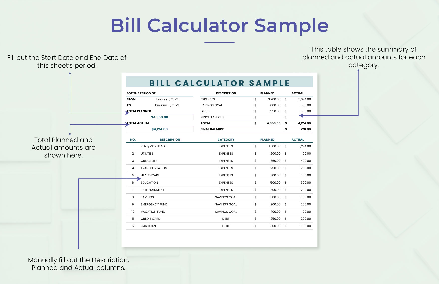 Bill Calculator Sample Template