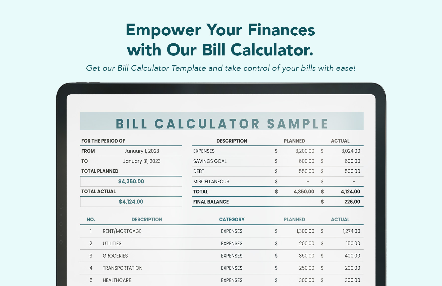 Bill Calculator Sample Template - Download in Excel, Google Sheets ...