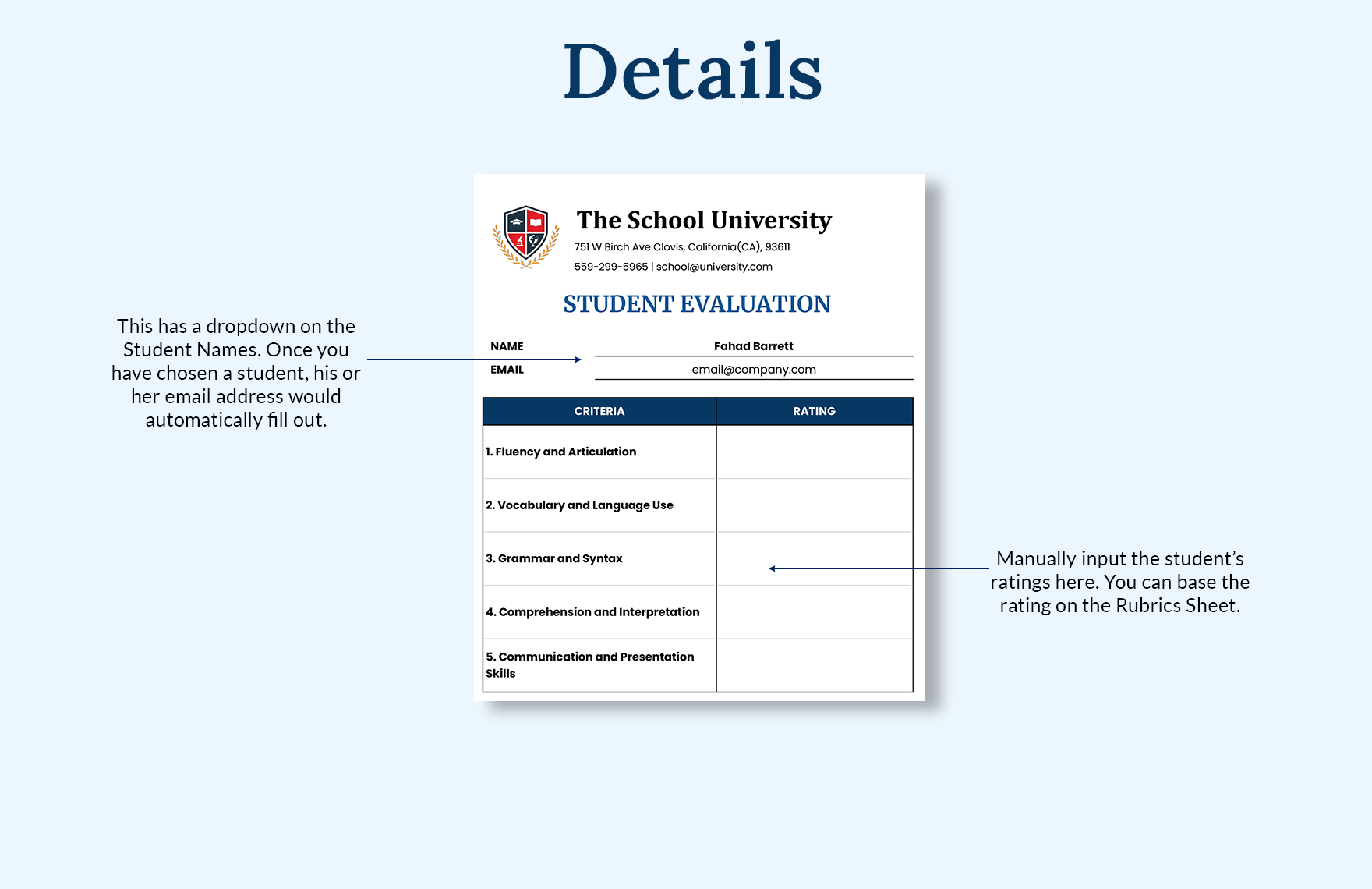 Student Evaluation Rubric Template