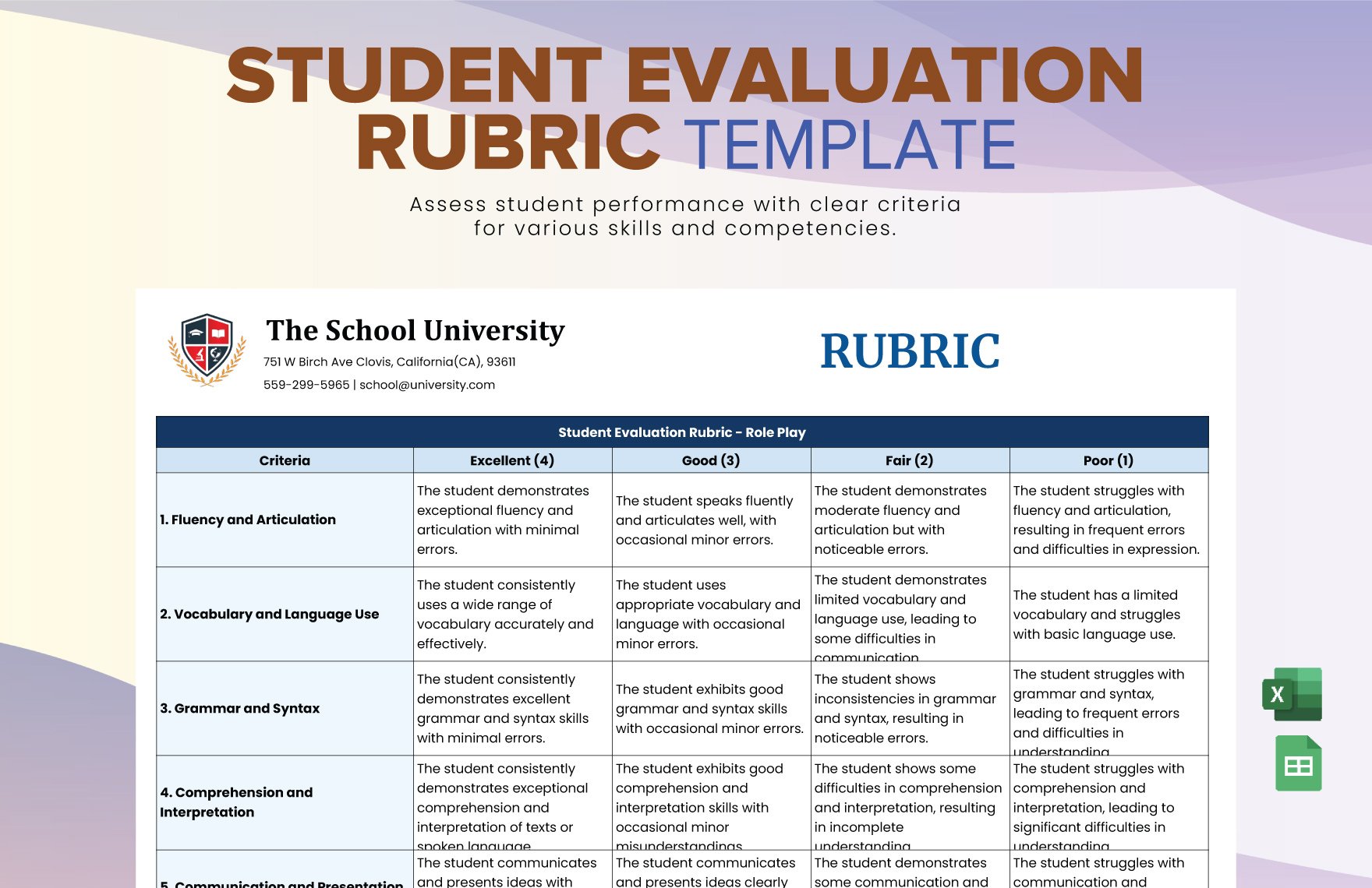 Student Evaluation Rubric Template in Excel, Google Sheets
