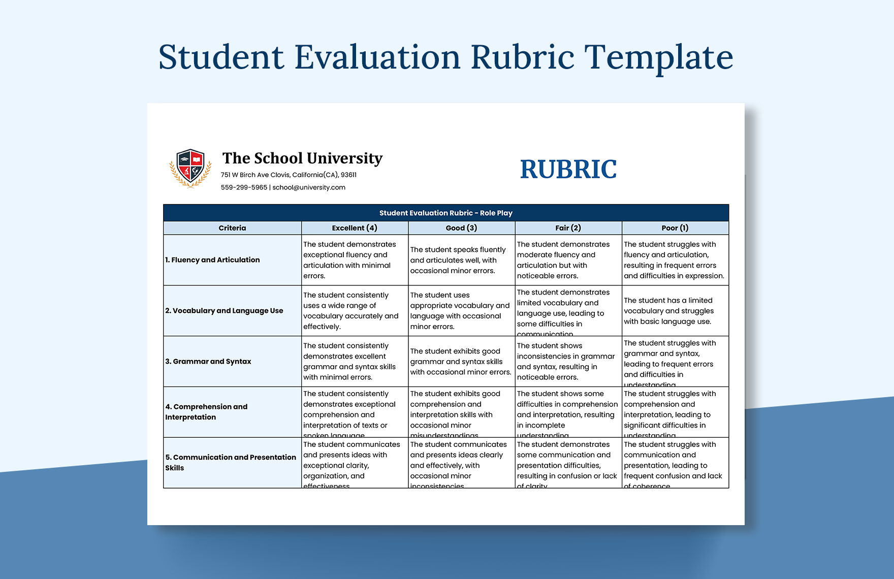 Student Evaluation Rubric Template