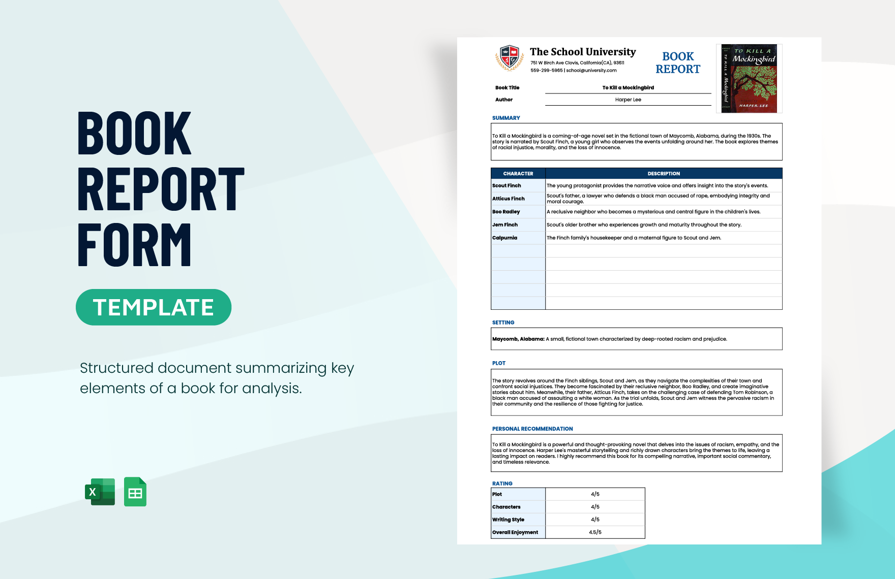 Book Report Form Template in Excel, Google Sheets