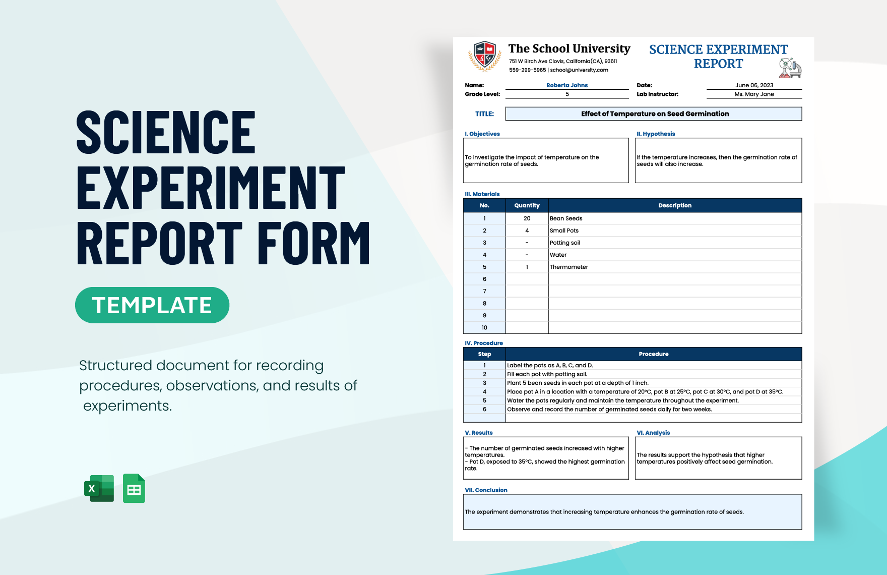 Science Experiment Report Form Template in Excel, Google Sheets