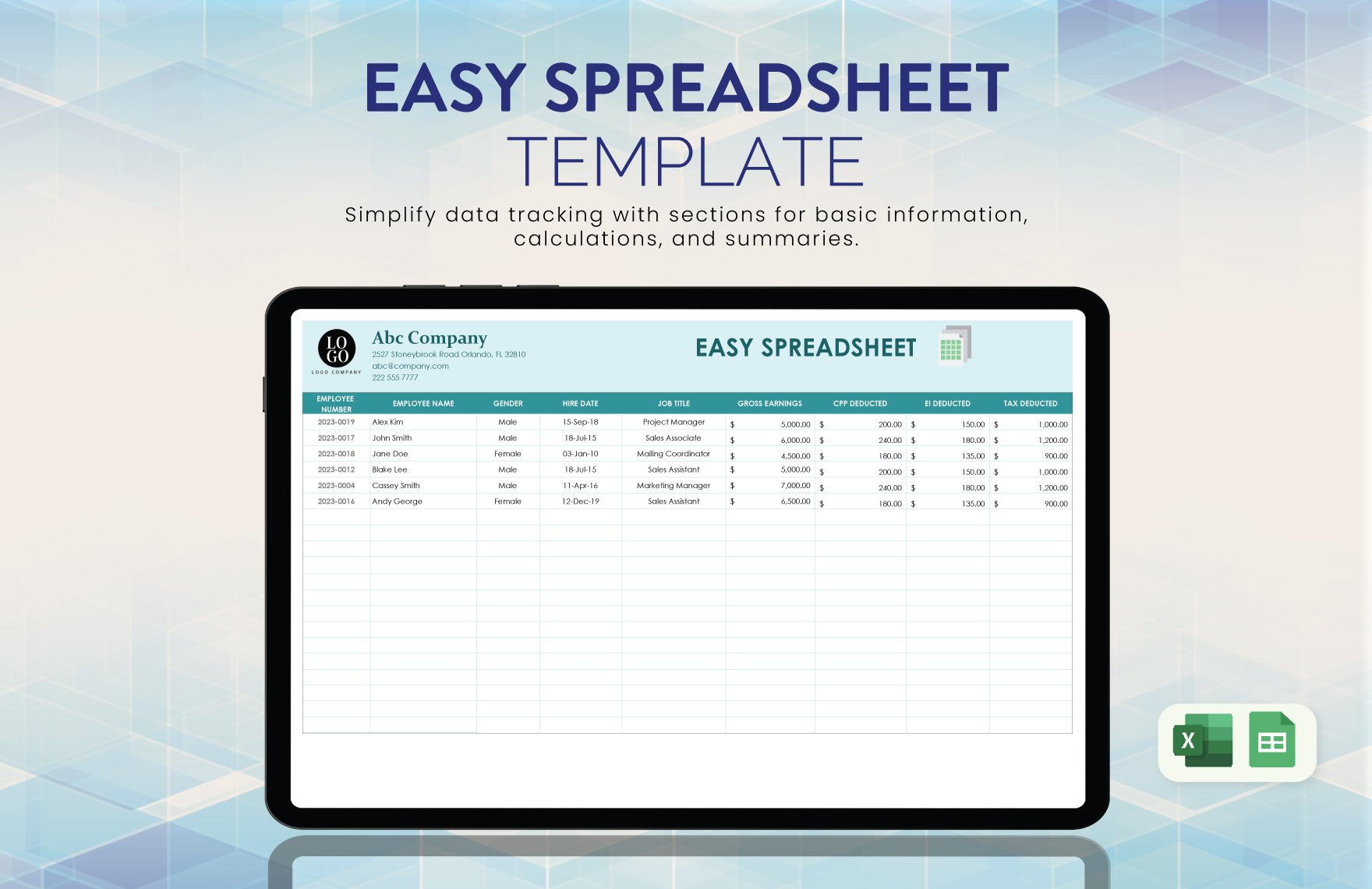 Free Easy Spreadsheet in Excel, Google Sheets