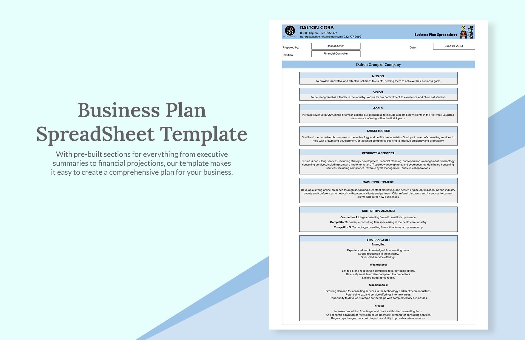 business plan excel spreadsheet template