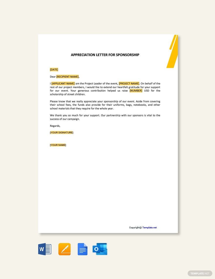 Appreciation Letter for Sponsorship in Word, Google Docs, PDF, Apple Pages, Outlook