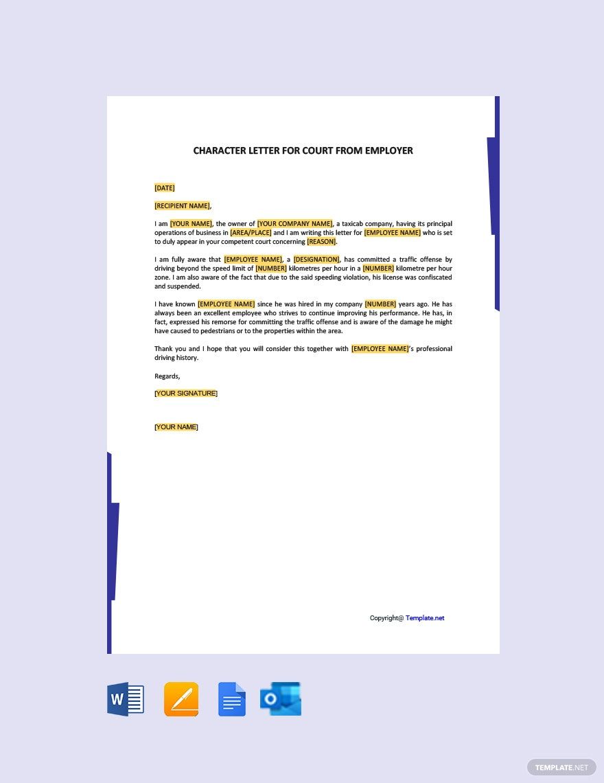 Character Letter For Court From Employer in Google Docs, Pages, Word, Outlook, PDF - Download | Template.net