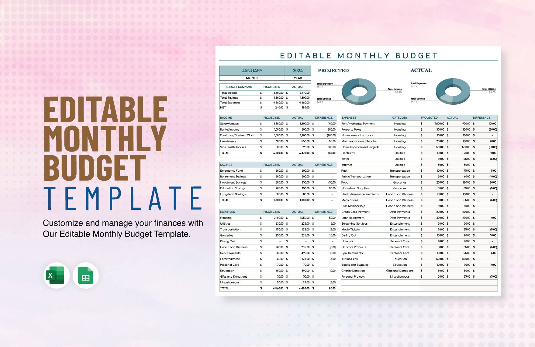 Editable Monthly Budget Template in Excel, Google Sheets
