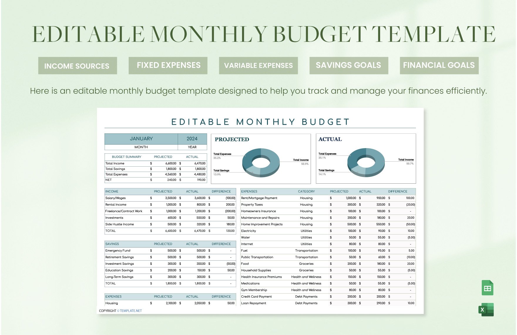 Editable Monthly Budget Template in Excel, Google Sheets