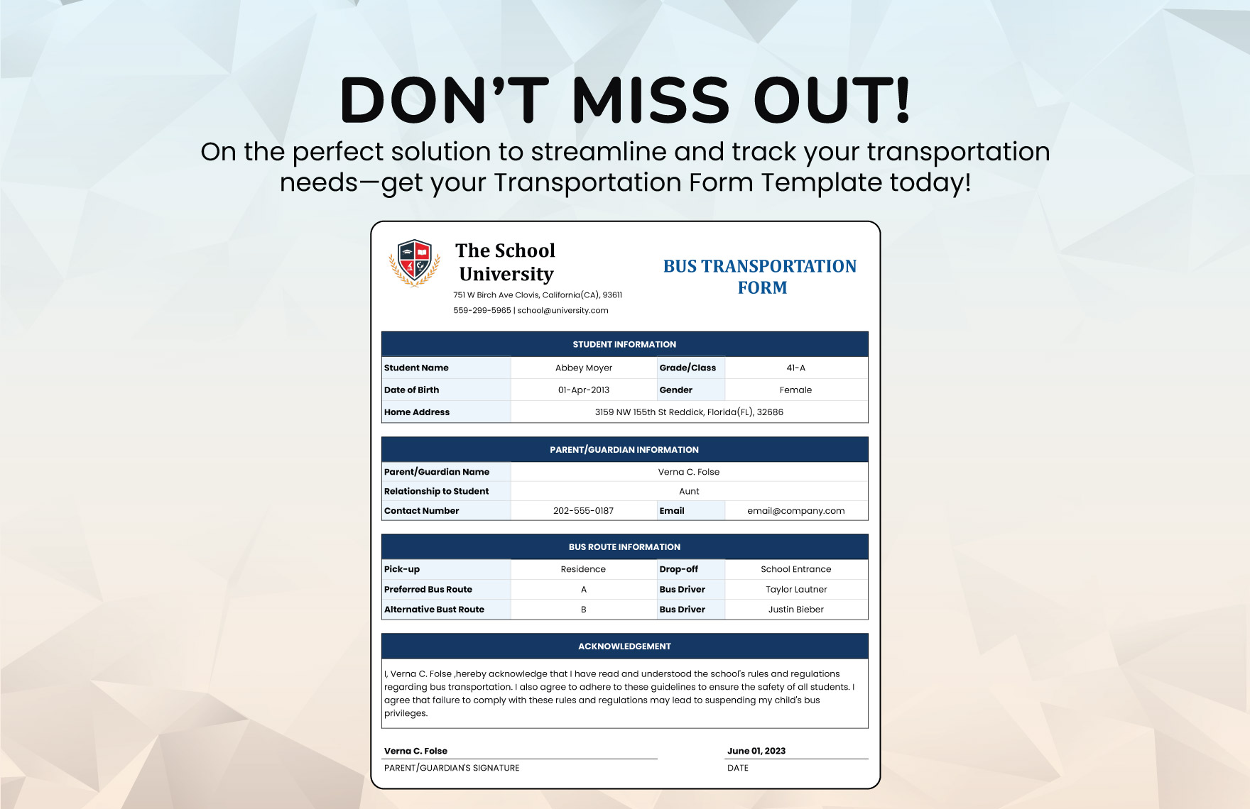 Bus Transportation Form Template