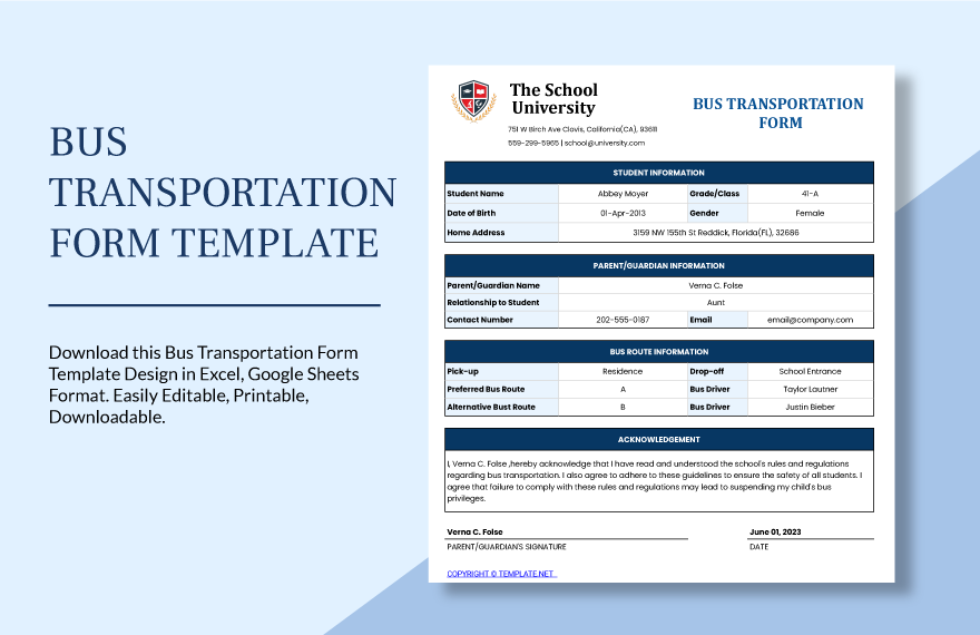 Bus Transportation Form Template