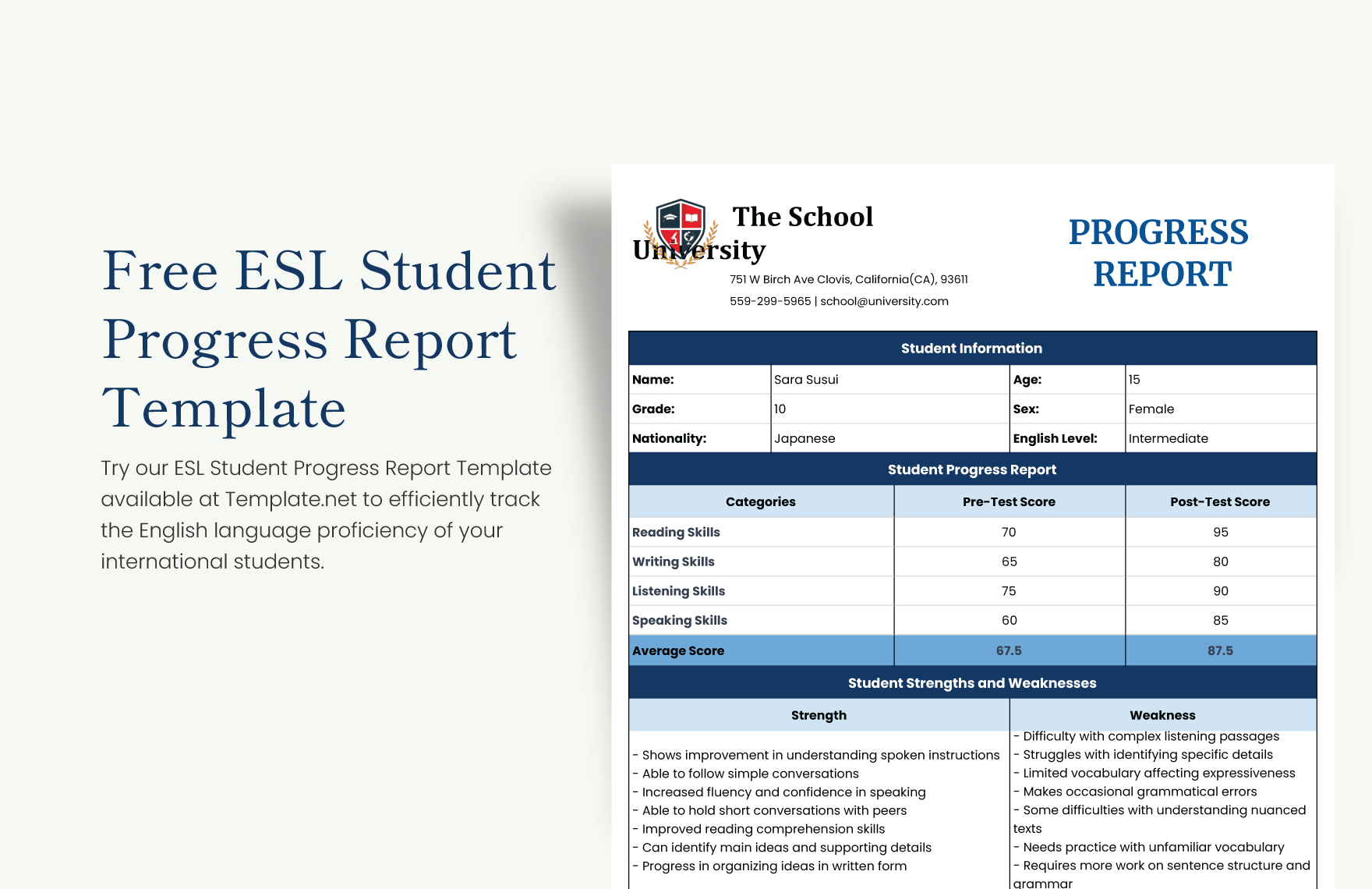 ESL Student Progress Report Template