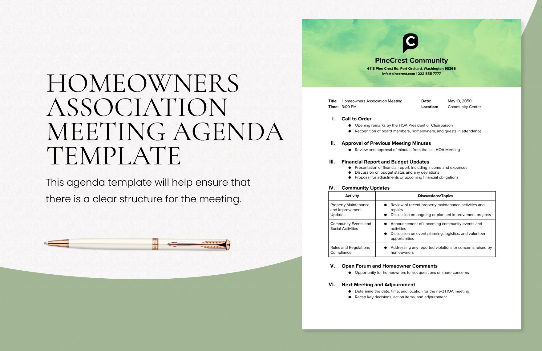 Homeowners Association Meeting Agenda Template in Word, Google Docs, PDF