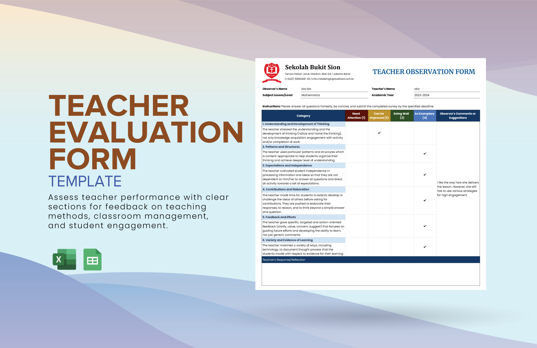 Teacher Evaluation Form Template in Excel, Google Sheets