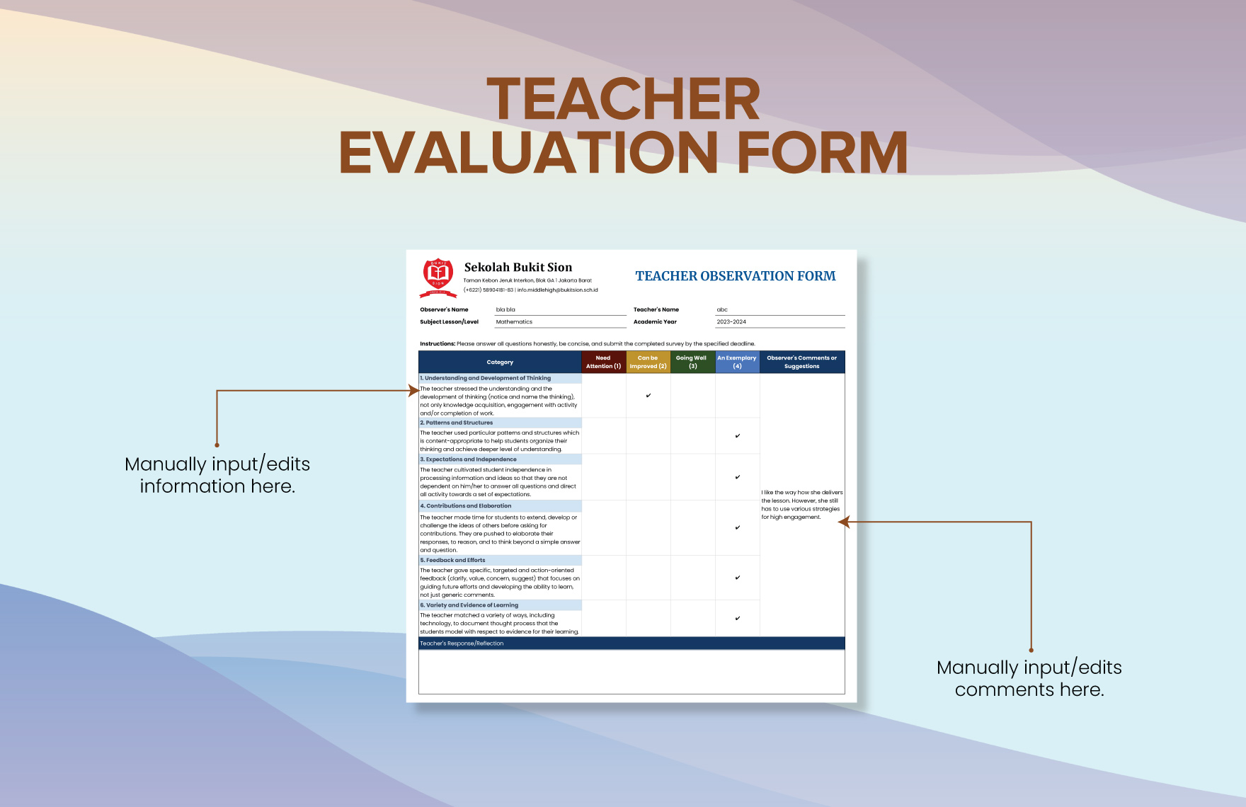 Teacher Evaluation Form Template