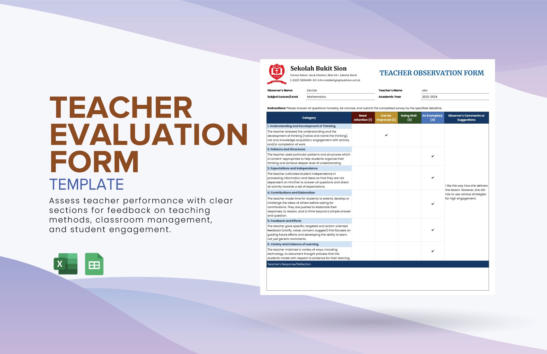 Teacher Evaluation Form Template in Excel, Google Sheets