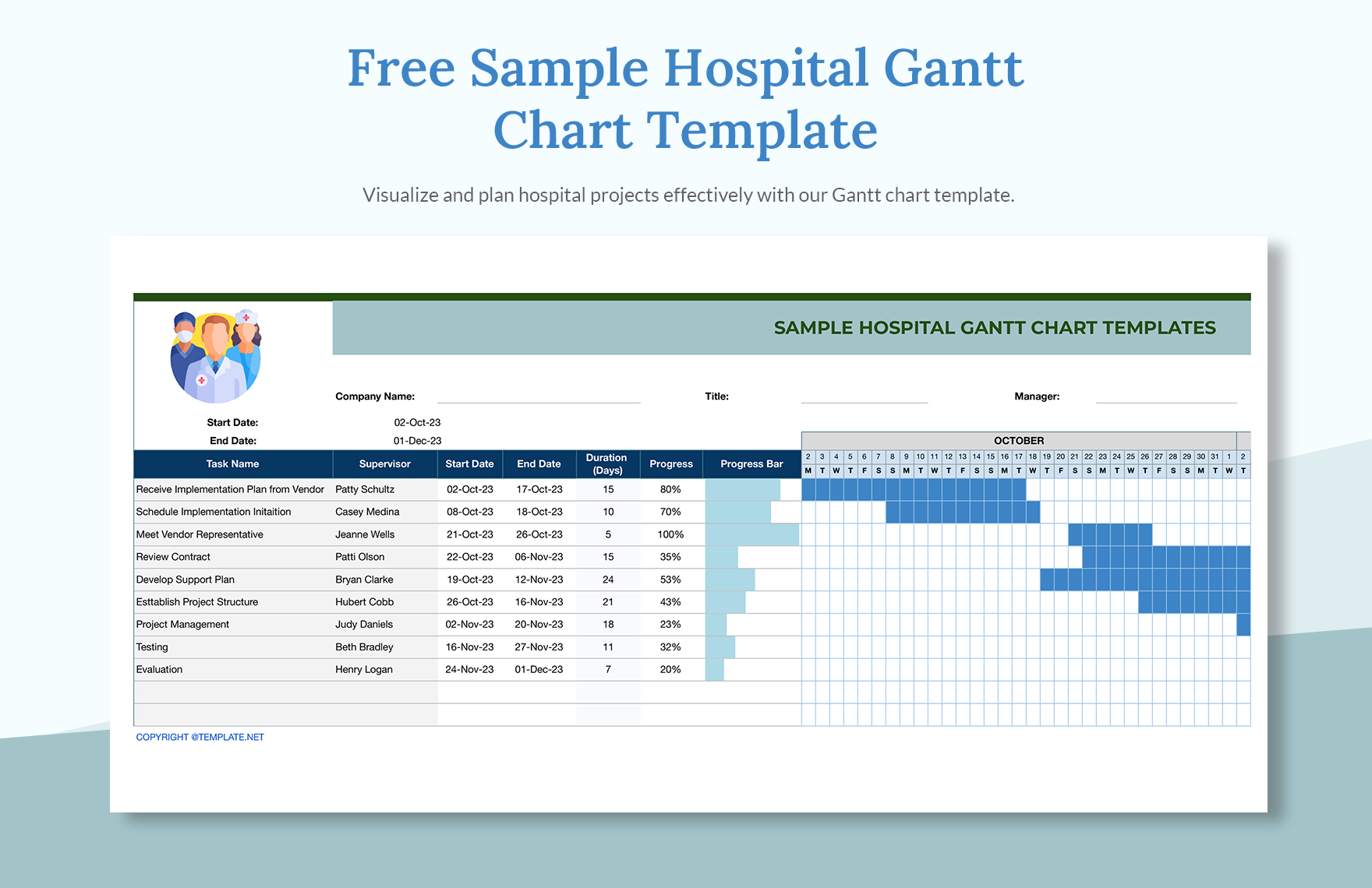 Sample Hospital gantt chart in Excel, Google Sheets
