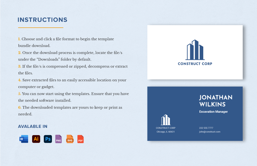 Excavation Construction Company Business Card Template