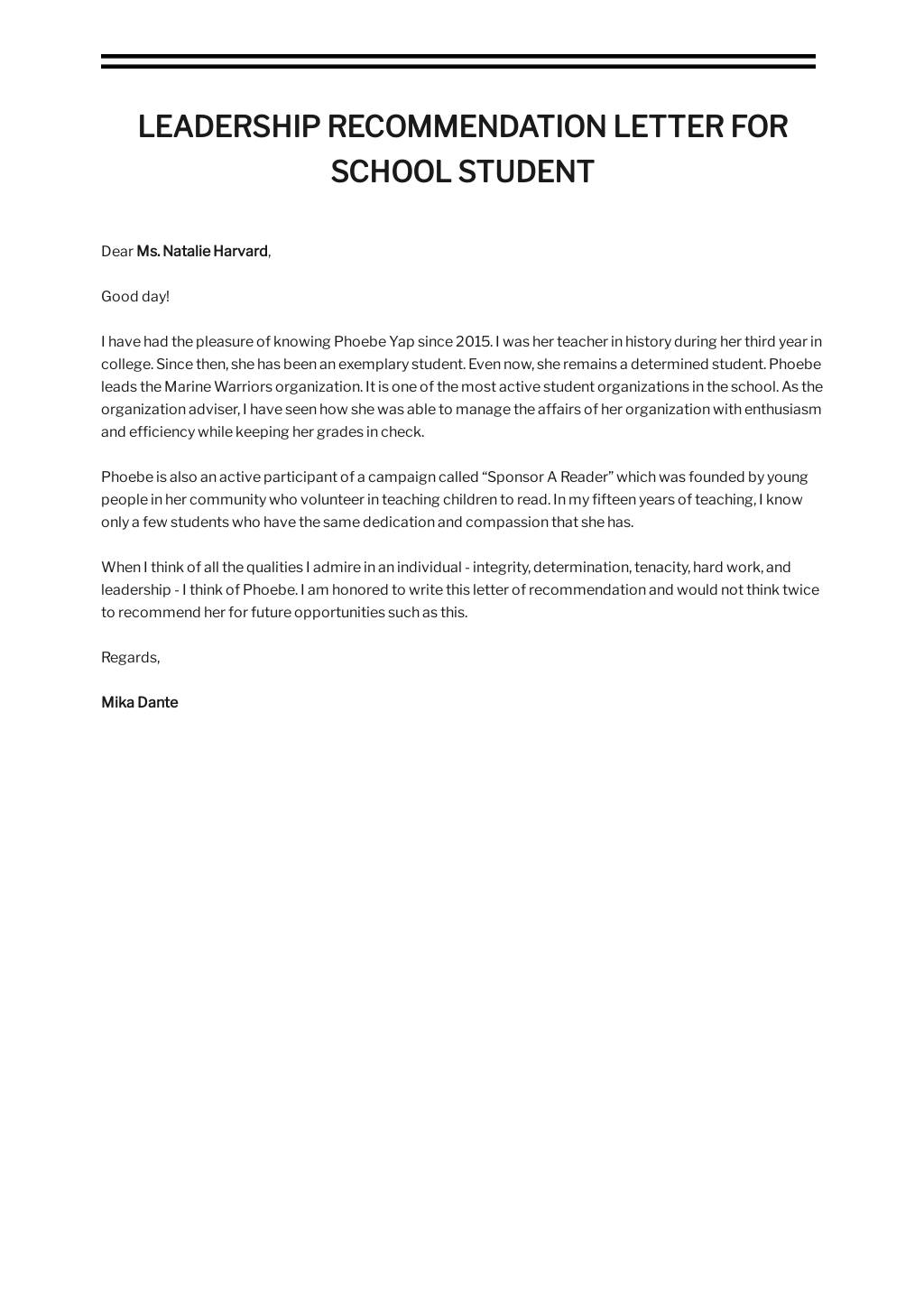 Free Leadership Recommendation Letter for School Student Template - Google Docs, Word, Apple Pages