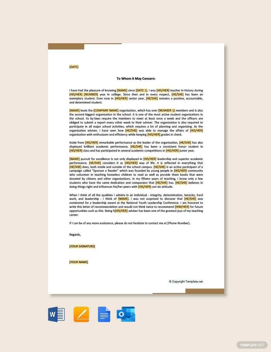 Free Leadership Recommendation Letter for School Student Template