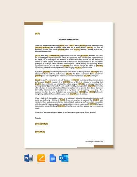 Leadership Recommendation Letter for Student Template - Google Docs