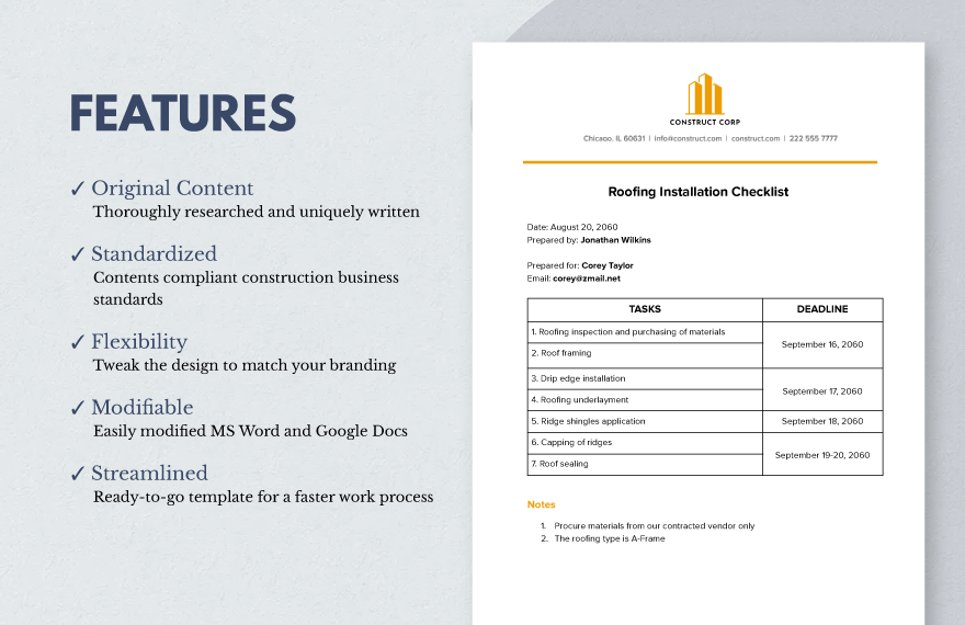 Construction Roofing Checklist Template