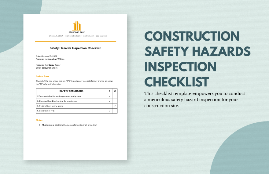 Construction Safety Hazards Inspection Checklist Template