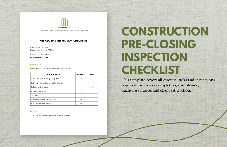Construction Pre-Closing Checklist Template