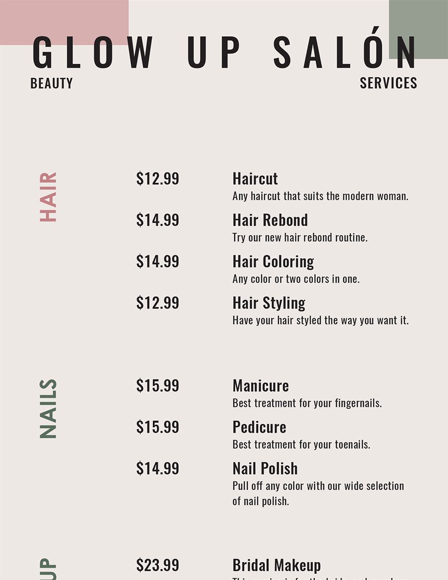 Salon Menu Templates - Design, Free, Download | Template.net