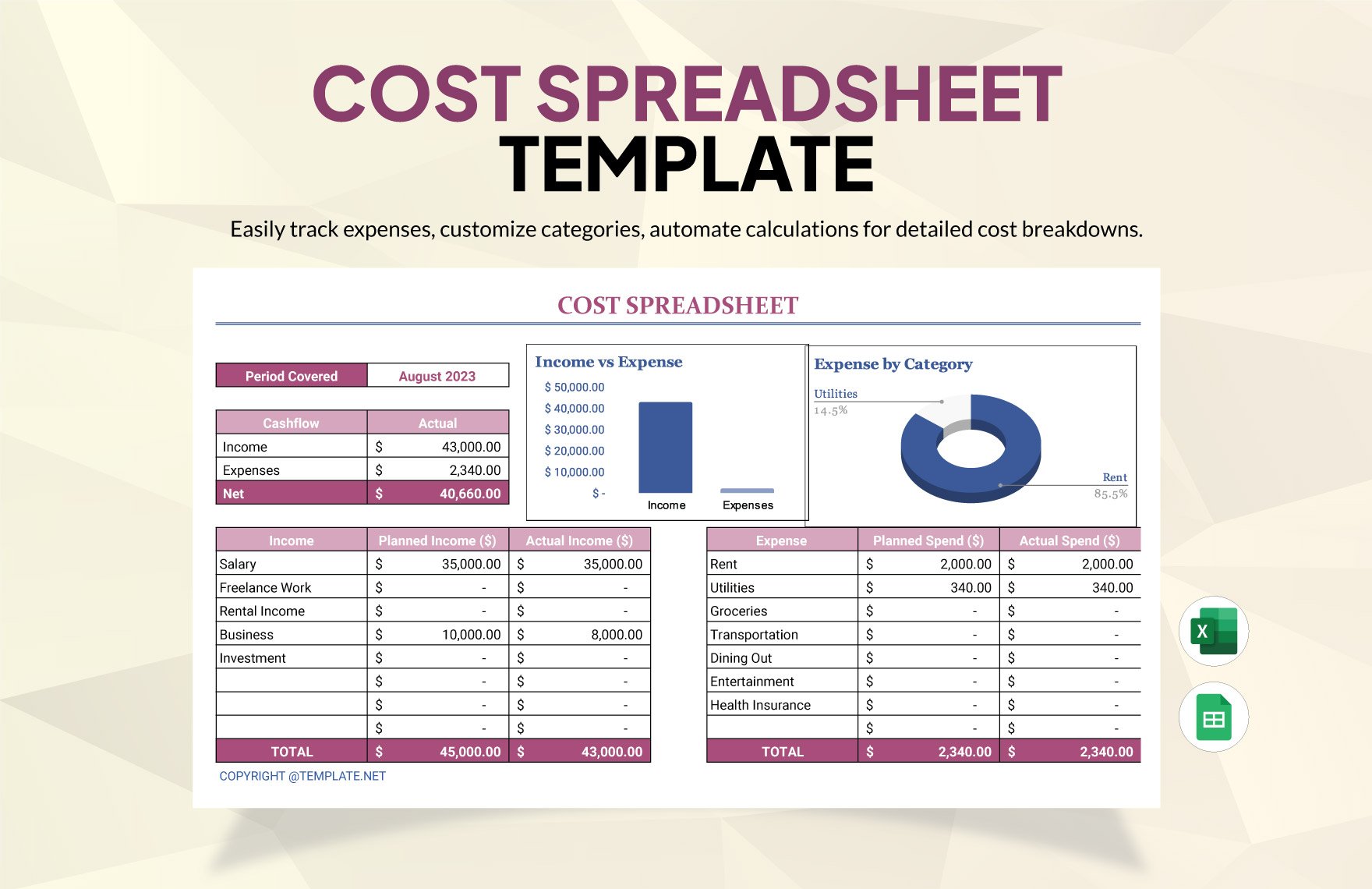 Cost Spreadsheet in Excel, Google Sheets