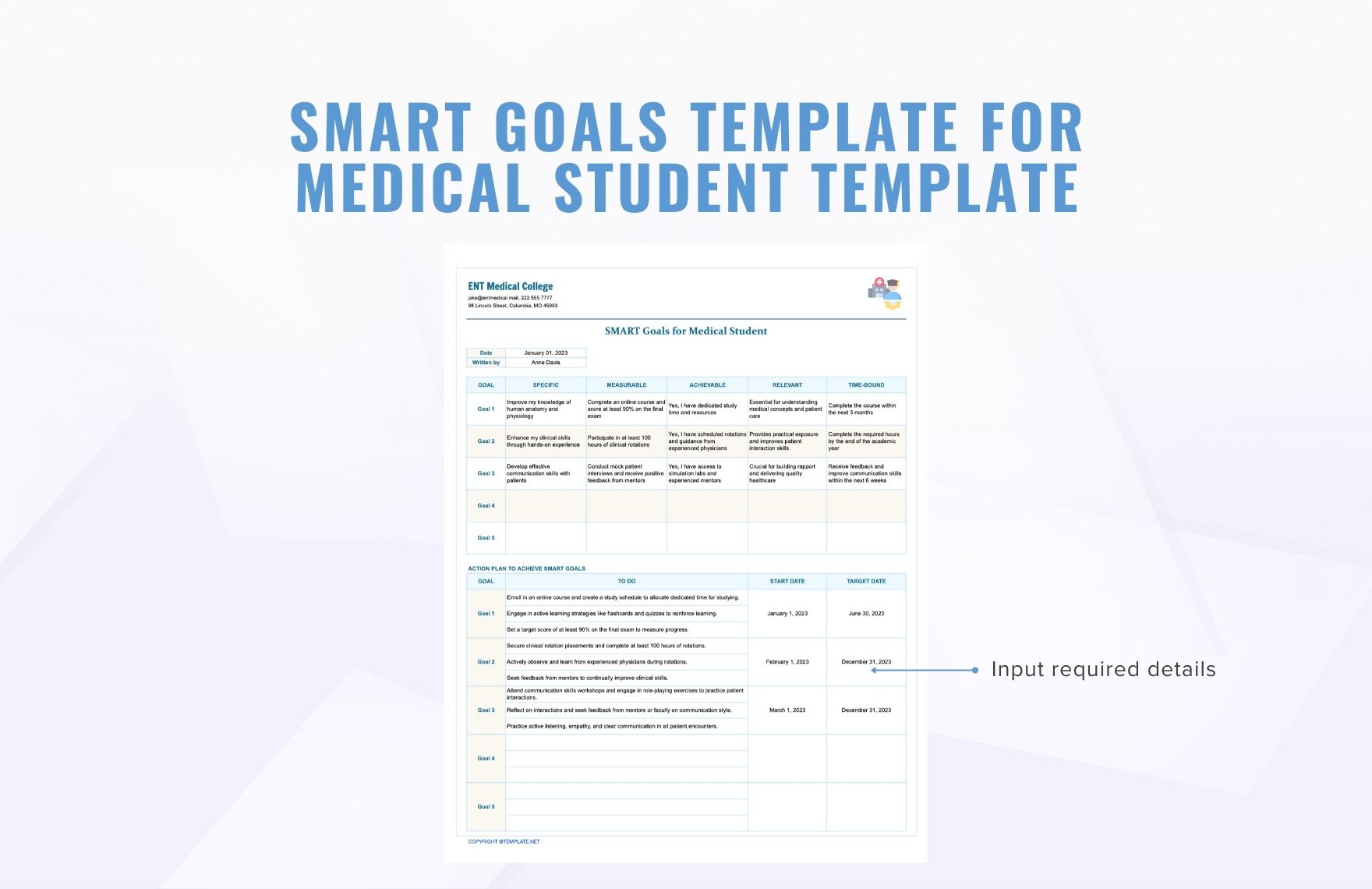 Smart Goals Template for Medical Students Template