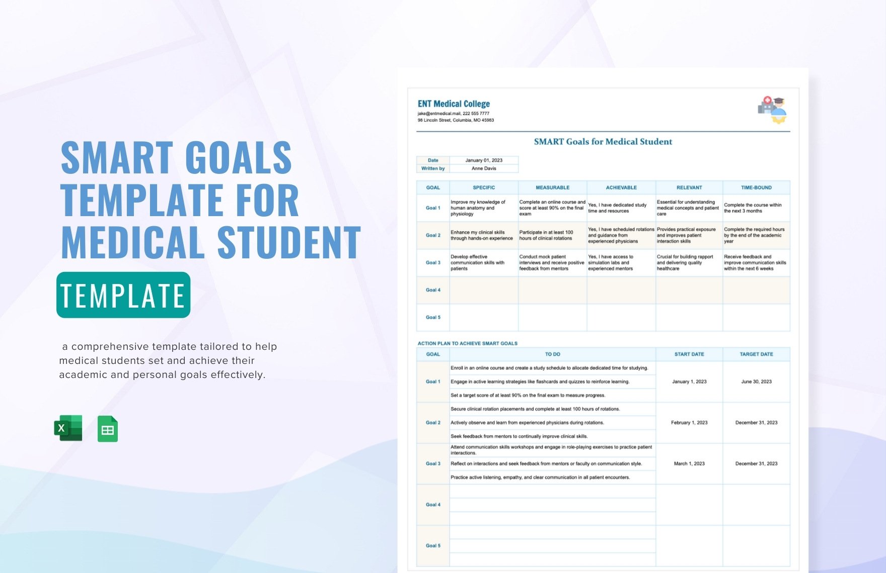 Free Smart Goals Template for Medical Students Template in Excel, Google Sheets