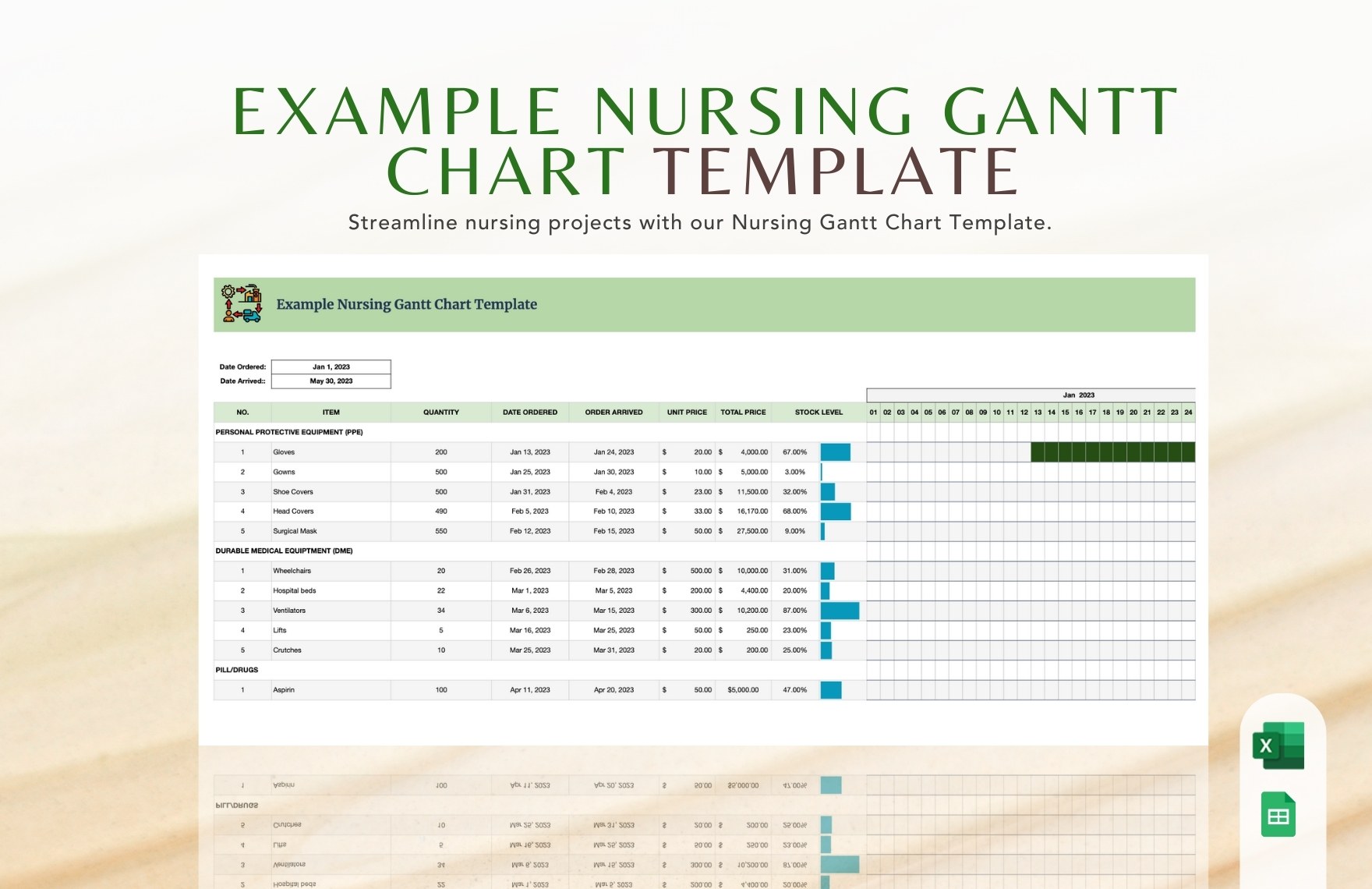 Example Nursing Gantt Chart Template in Excel, Google Sheets
