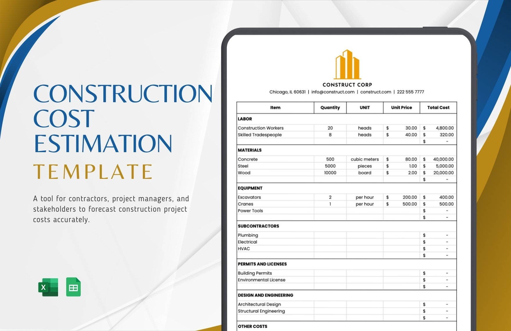 Construction Cost Estimation in Excel, Google Sheets