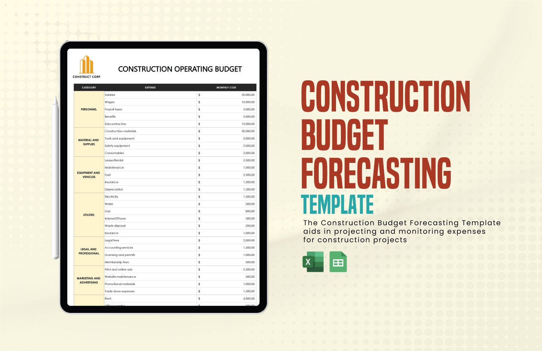 Construction Budget Forecasting in Excel, Google Sheets