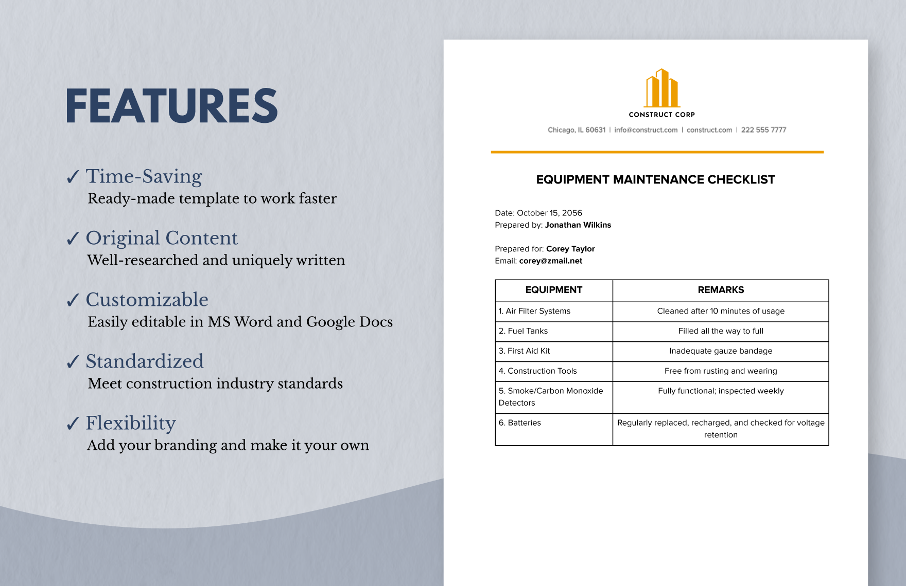 Construction Equipment Maintenance Checklist Template