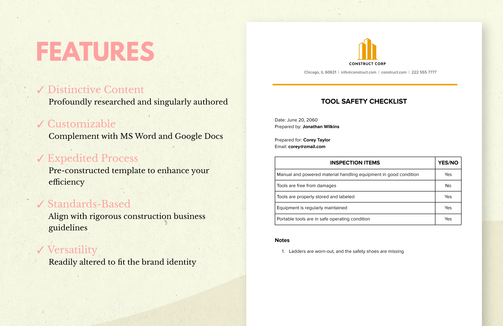 Construction Tool Safety Checklist Template