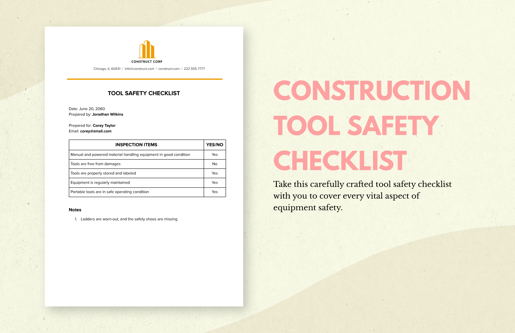 Construction Tool Safety Checklist Template