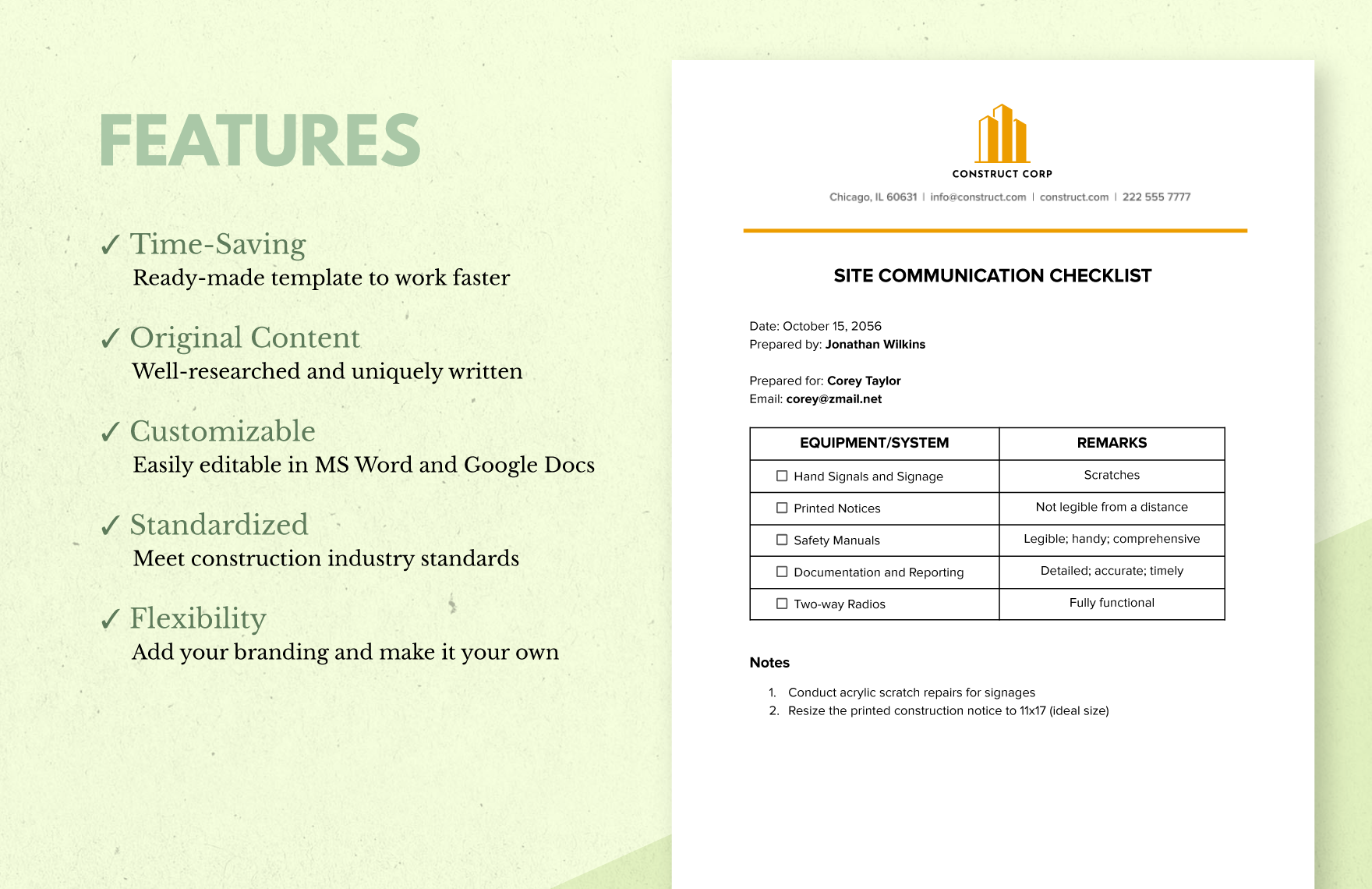 Construction Site Communication Checklist Template