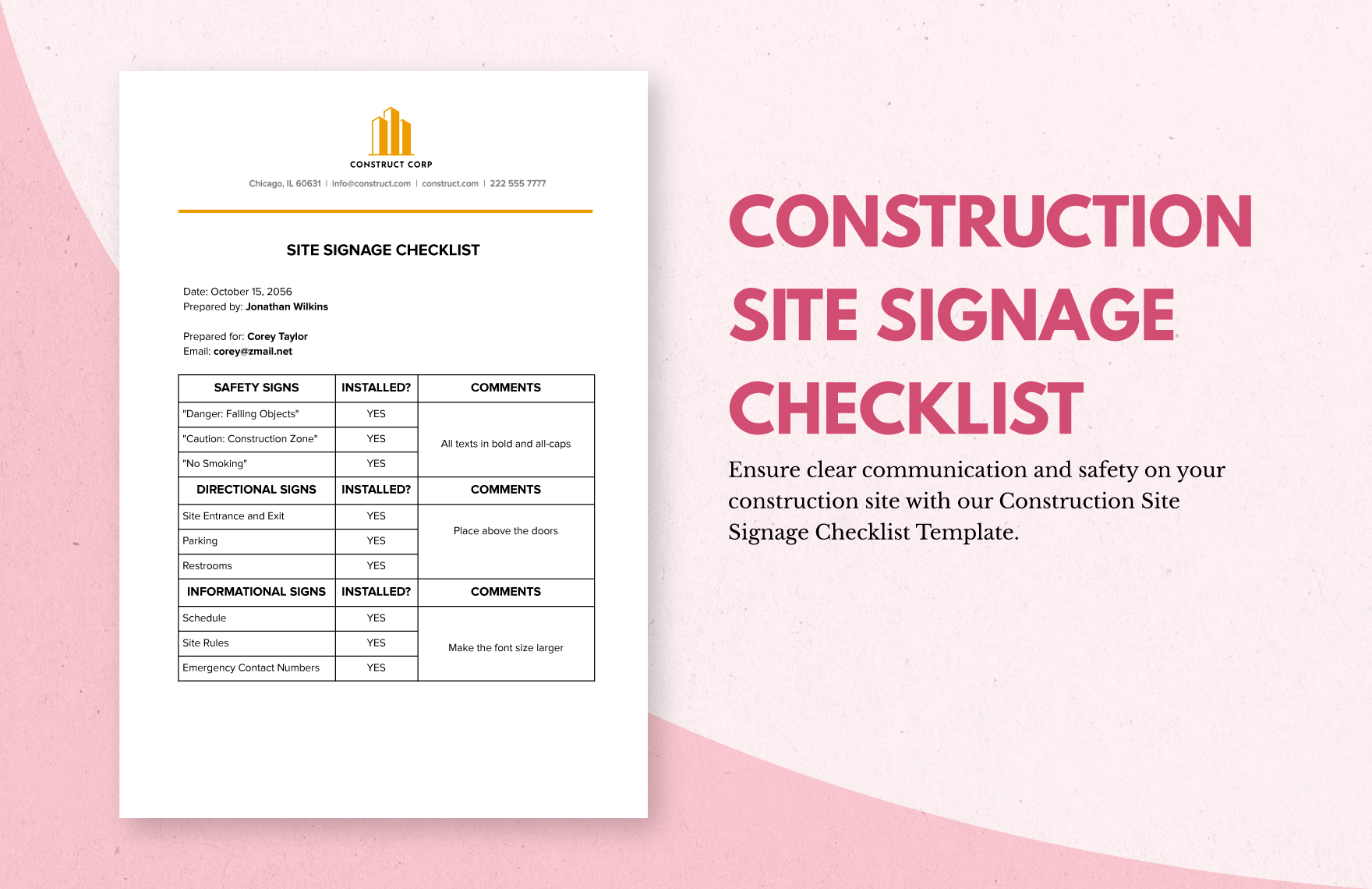 Construction Site Signage Checklist Template