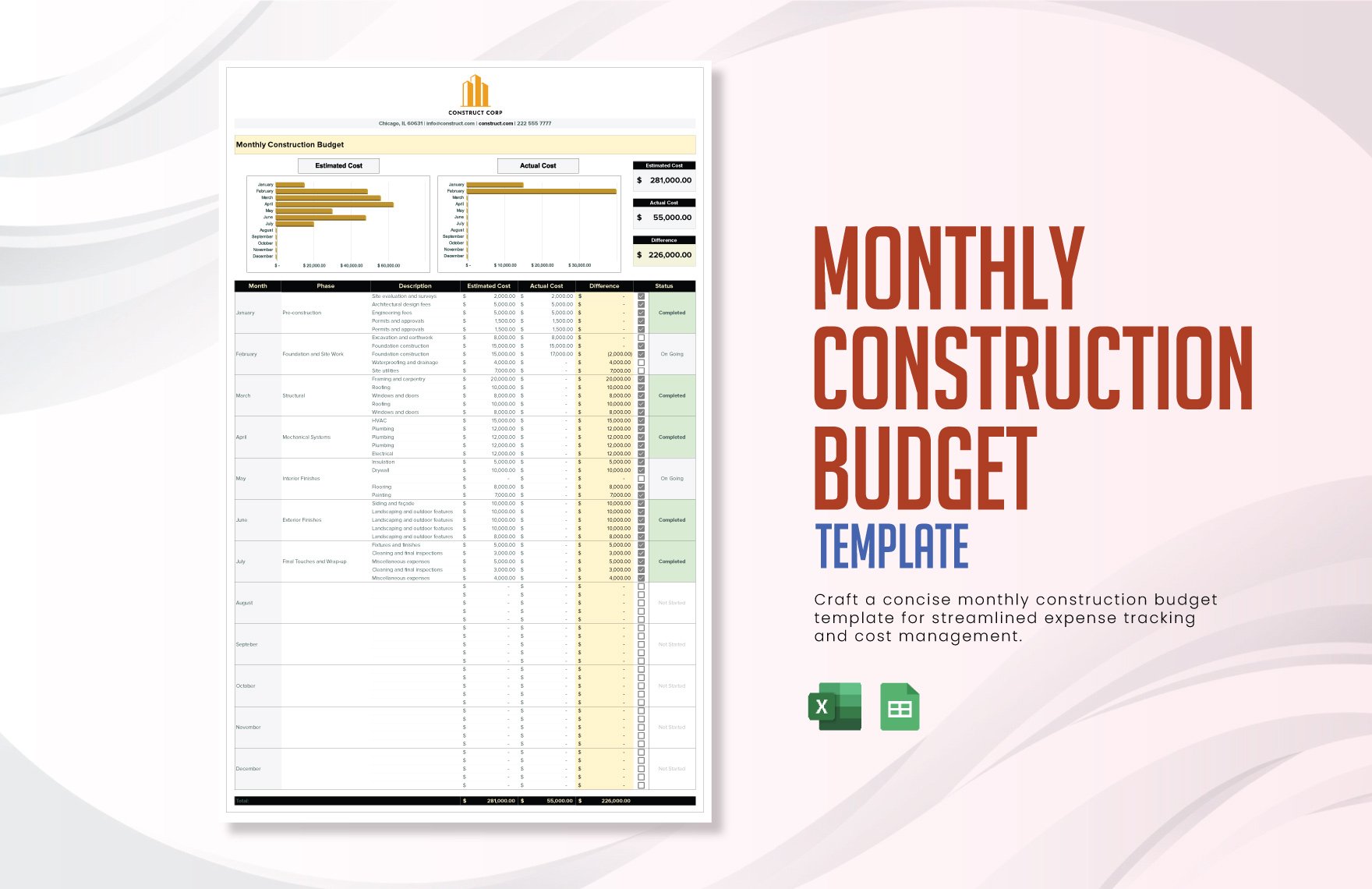 Monthly Construction Budget Template in Excel, Google Sheets